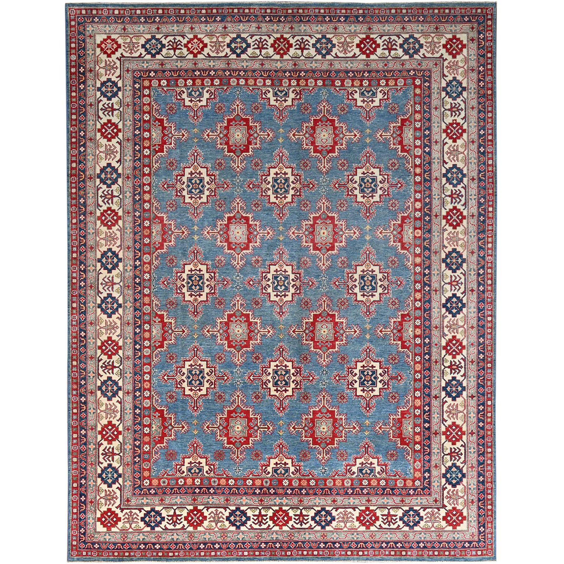 Yale Blue, Denser Weave, Hand Knotted Kazak Design With Tribal Medallions All Over, Natural Dyes With Pure Wool, Oriental Rug